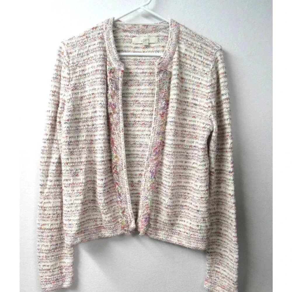 Loft Women's Open Front Sweater Cream Heathered Cardigan Rayon Cotton Size Small